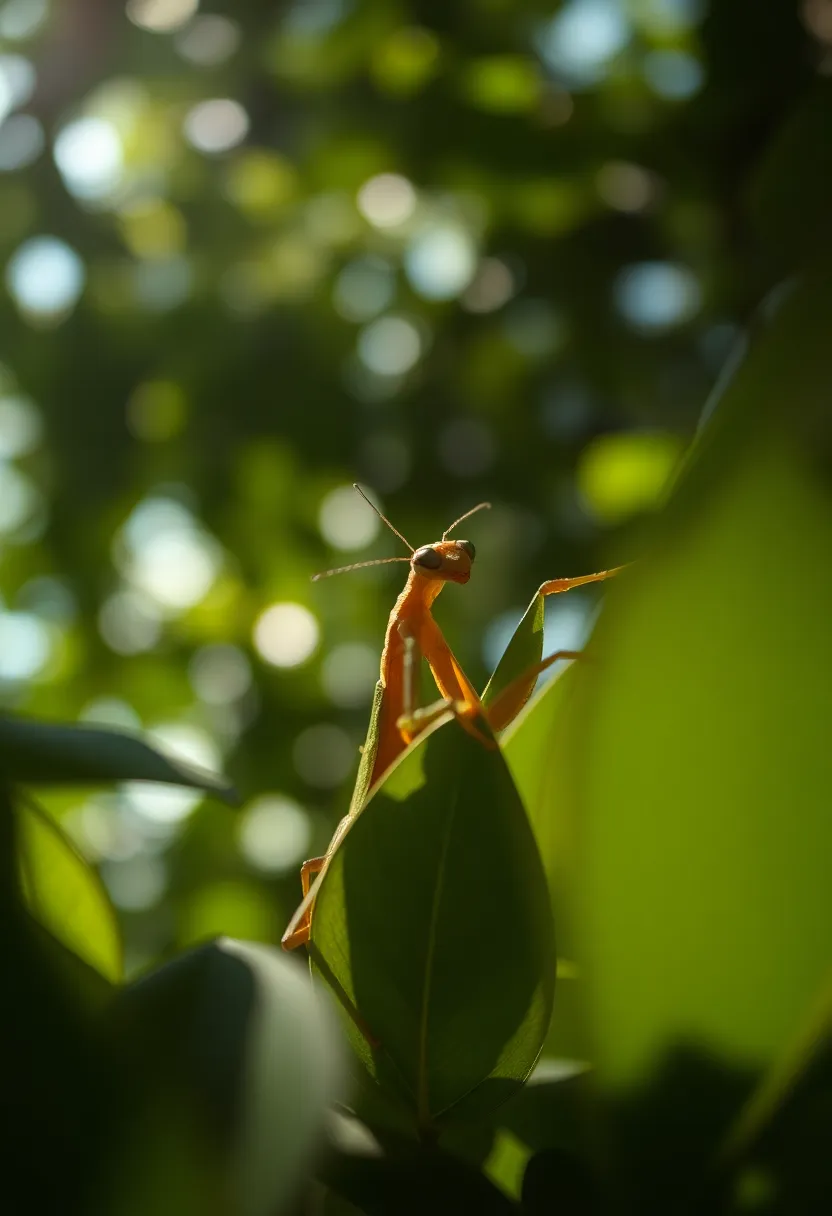 This dramatic image showcases a praying mantis expertly camouflaged among green leaves. The interplay of light and shadow from the canopy enhances the depth of the scene while focusing on the mantis's poised predatory posture. Captured with a shallow depth of field, the subtle green and brown hues seamlessly blend the mantis into its surroundings. This photograph reflects the beauty of nature's adaptations, ideal for wildlife themes.