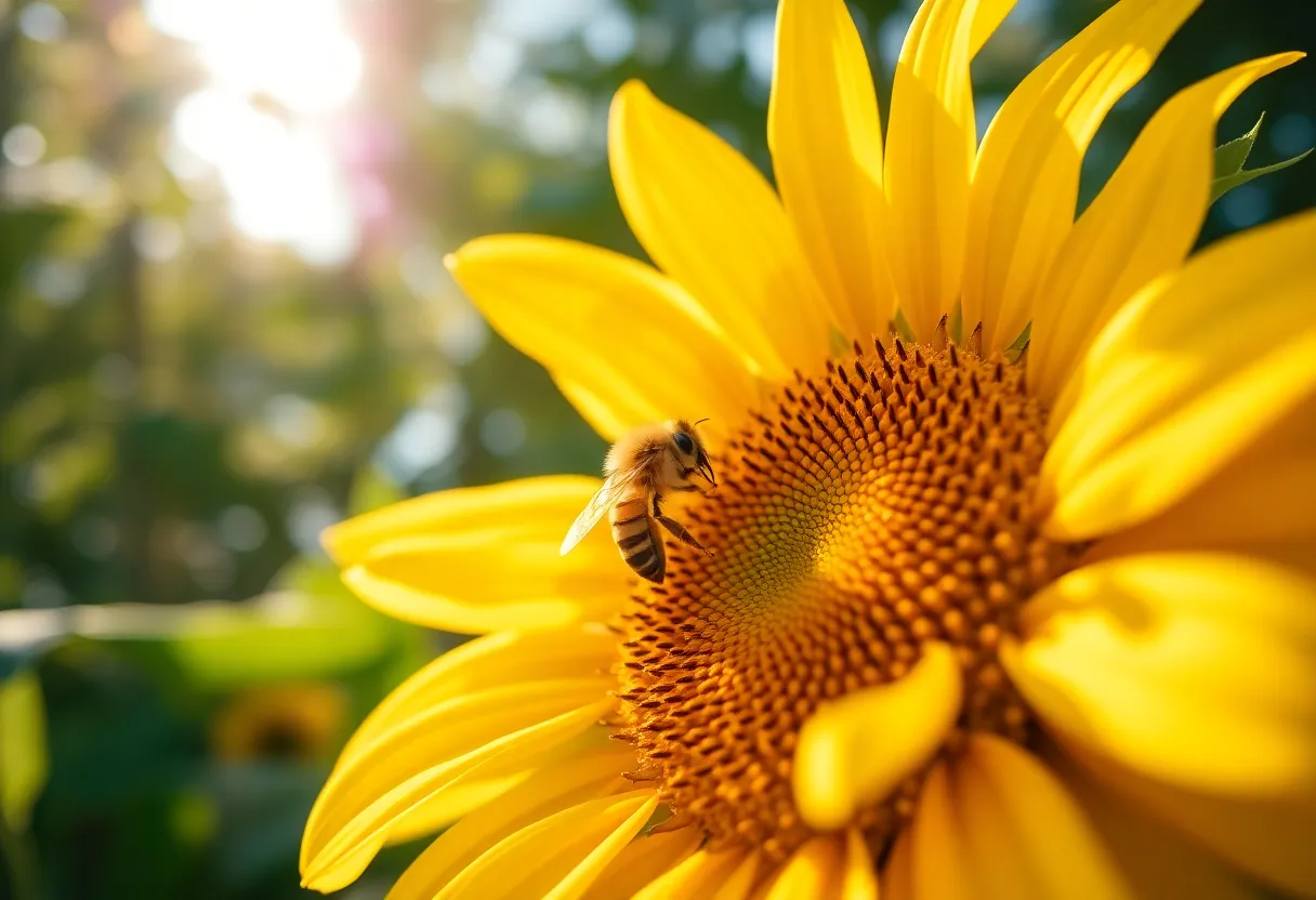 This captivating image captures a honeybee diligently working on a sunflower as it collects nectar. The warm morning sunlight adds a golden hue to the scene, enhancing the vibrant colors of the bee and the sunflower. With a blurred background that puts focus on the bee, this photograph beautifully illustrates the intricate details of its wings and texture. Ideal for nature and pollinator projects, the image showcases the importance of bees in our ecosystem.