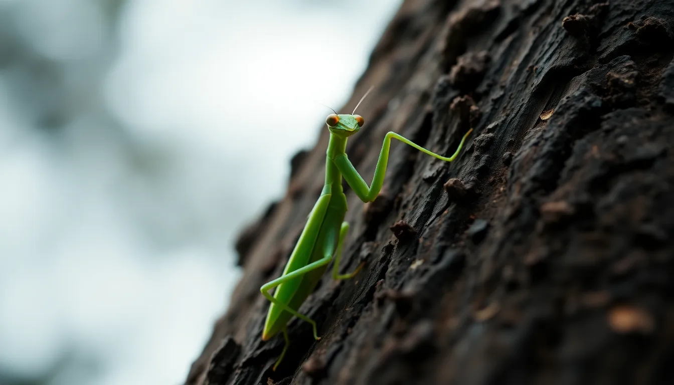 A mesmerizing close-up of a bright green praying mantis perched on rough tree bark, showcasing its intricate features and elegant posture. The overcast lighting provides an even glow, highlighting the lush greens of the mantis against the textured brown of the bark. This image beautifully captures the essence of natural camouflage and the delicate balance of predator and prey in nature. It's an engaging shot for nature lovers and a testament to the beauty of the insect world.