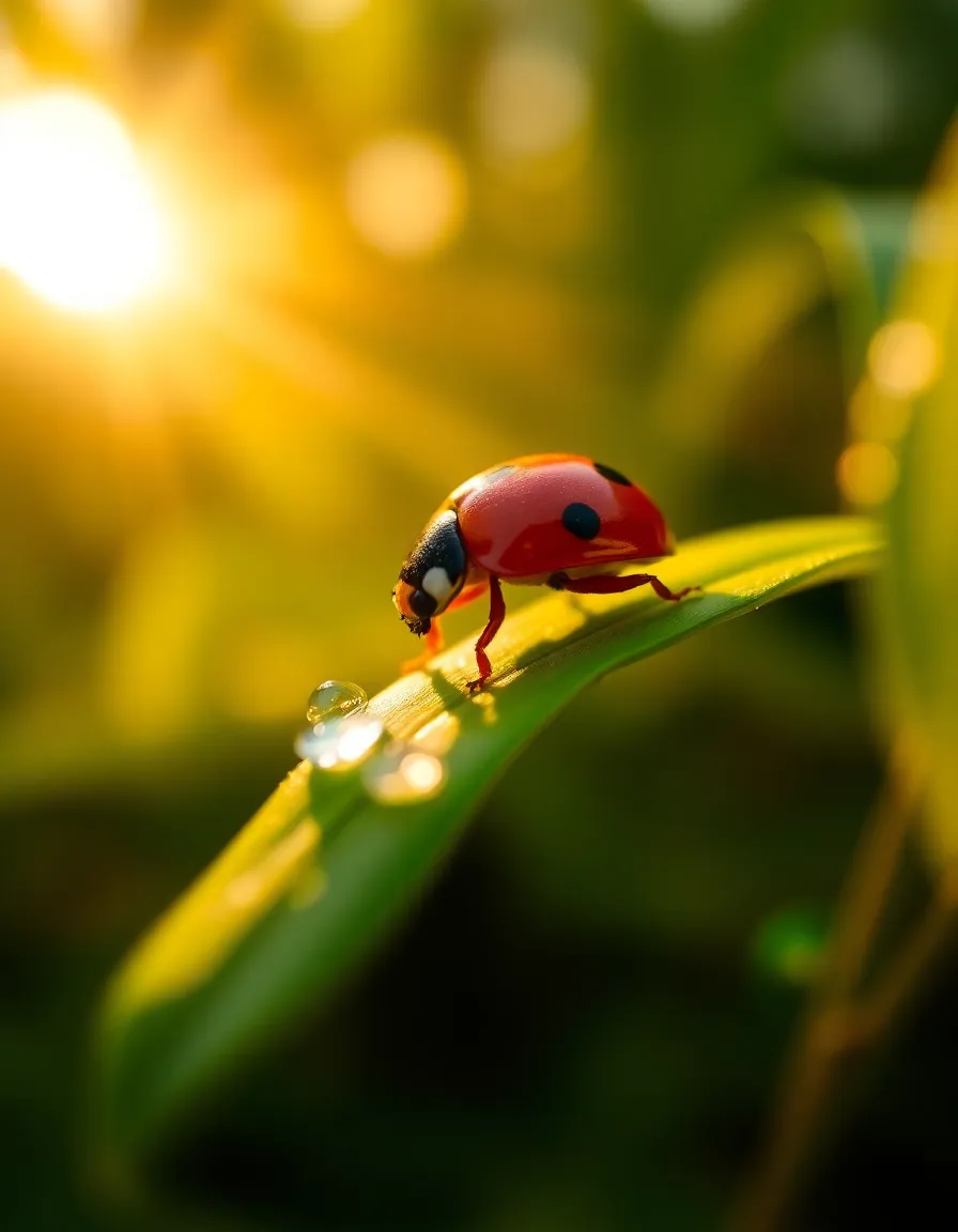 Ladybug on Dewy Leaf A striking close-up of a ladybug resting on a dewy leaf, illuminated by the soft, warm light of the morning sun. The dew droplets shimmer like tiny gems, adding to the vividness of the scene. With a shallow depth of field, the ladybug is brought into sharp focus against the lush green background, showcasing its vibrant colors and delicate features. This delightful image encapsulates the freshness of the morning and the intricate beauty of nature's small wonders.