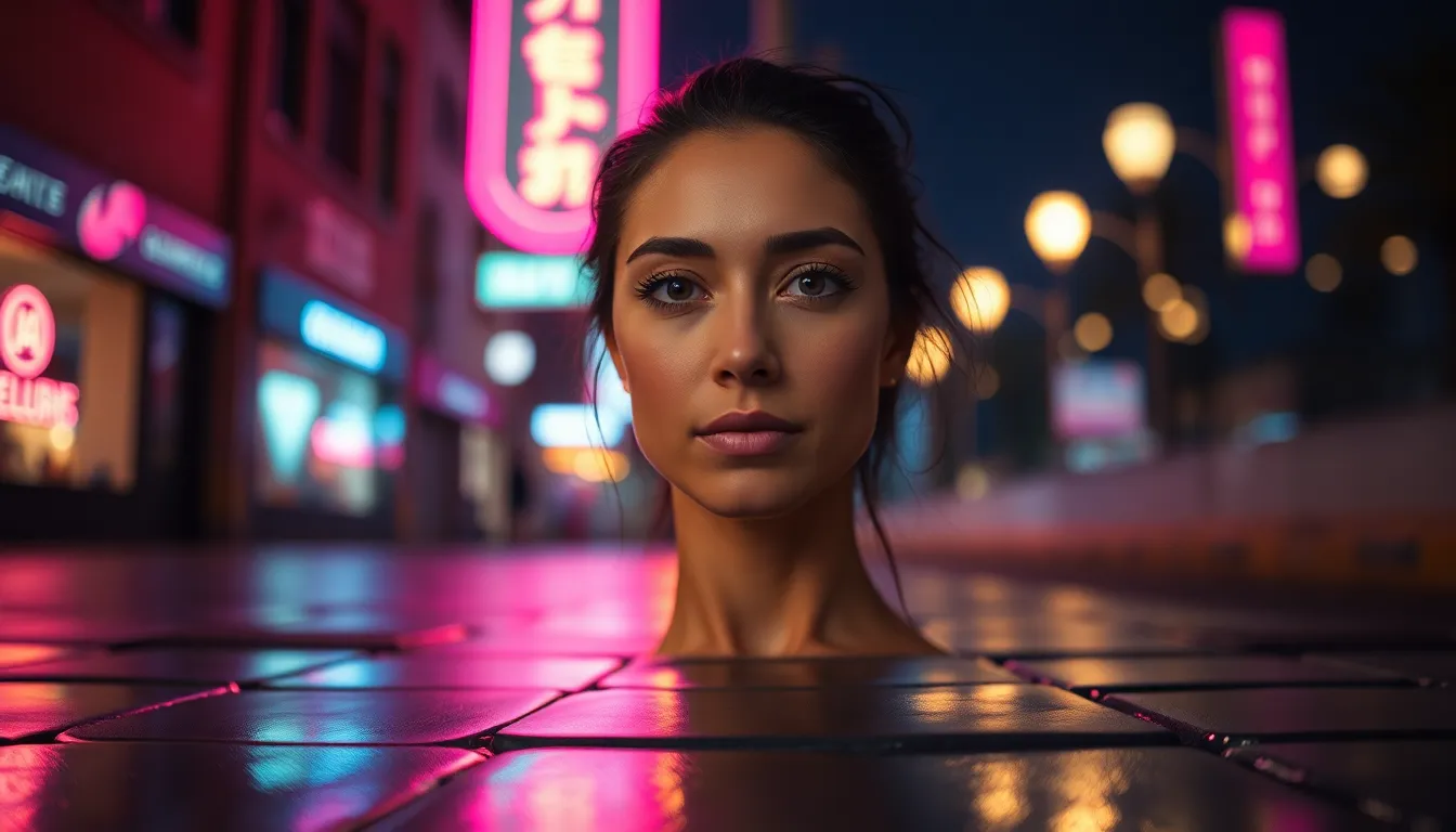 A captivating shot of a shiny beetle resting on a street surface, illuminated by glowing neon signs. The macro lens captures every minute detail, including the beetle's iridescent shell, contrasted against a wet pavement backdrop. Neon reflections add vibrant colors to the composition, emphasizing its urban surroundings. The soft bokeh in the background complements the main subject beautifully, making this photograph a striking fusion of nature and city life.
