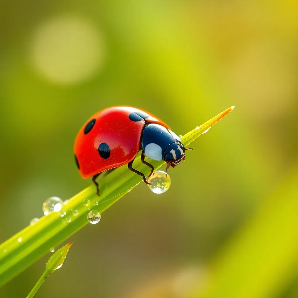 This stunning macro photograph captures a ladybug delicately resting on a dewy grass blade, framed by soft, filtered morning light. The glistening water droplets enhance the image's freshness and vibrancy, while the gentle bokeh background complements the rich colors of the ladybug. The shallow depth of field focuses entirely on the subject, allowing viewers to appreciate the intricate details of this small yet captivating insect. The tranquil mood of this early morning scene invites viewers to connect with the beauty of nature.
