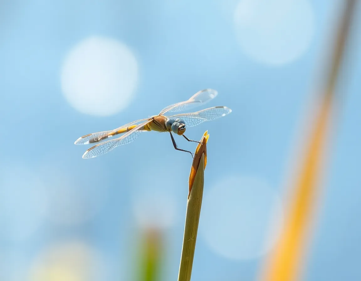 Dragonfly on Reed An exquisite close-up image of a dragonfly perched gracefully on a reed, captured in the soft light of the early morning. The translucent wings glisten with delicate highlights, showcasing the intricate patterns that reflect the beauty of this creature. With a shallow depth of field, the background softly dissolves into a painterly blur, allowing the eye to focus on the dragonfly's mesmerizing details. This serene moment in nature encapsulates the tranquility and elegance of life near still waters.