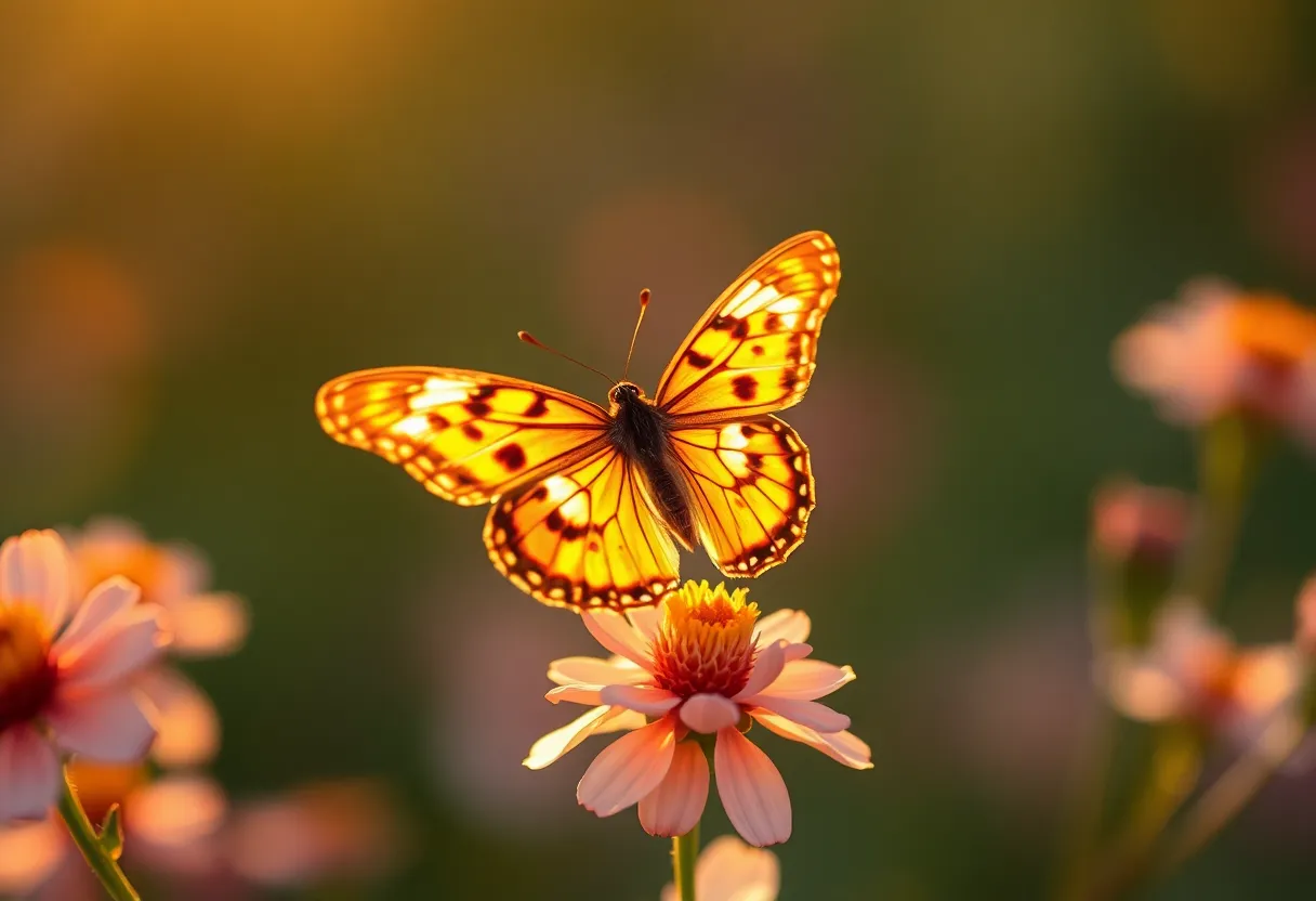 This enchanting image features a butterfly gracefully resting on a flower during the golden hour. The warm backlighting creates a stunning rim light that highlights the delicate patterns and vibrant colors of the butterfly's wings, while the background dissolves into soft bokeh. The composition follows the rule of thirds, enhancing the aesthetic appeal and drawing the viewer's eye. Captured with a medium format camera, every detail is delivered with remarkable clarity and depth.