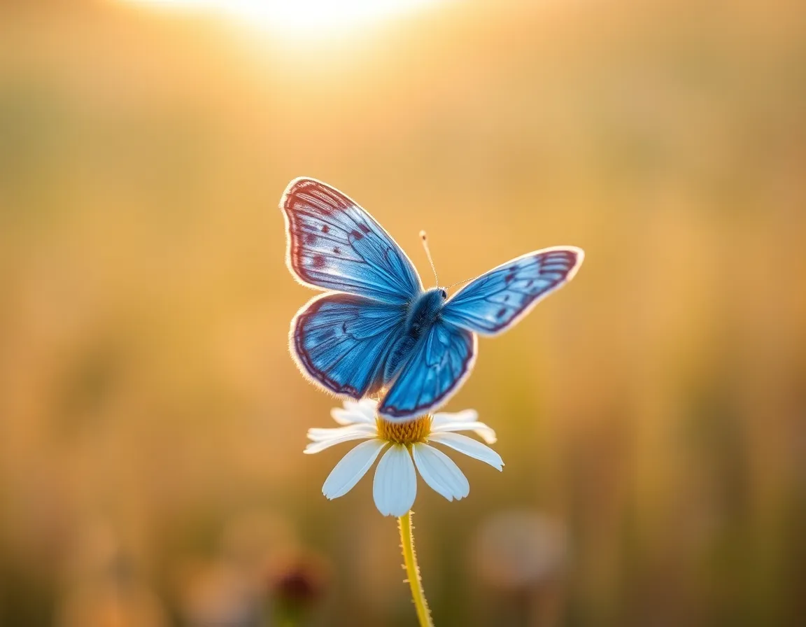 This enchanting portrait of a vibrant blue butterfly resting on a delicate wildflower showcases the intricate details of both subjects. Captured in the glow of late afternoon sunlight, the image reveals stunning patterns on the butterfly's wings against a soft, blurred meadow backdrop. The careful composition and use of hyperfocal depth of field enhance the beauty of this moment in nature, bringing attention to the delicate symbiosis between the butterfly and its habitat.