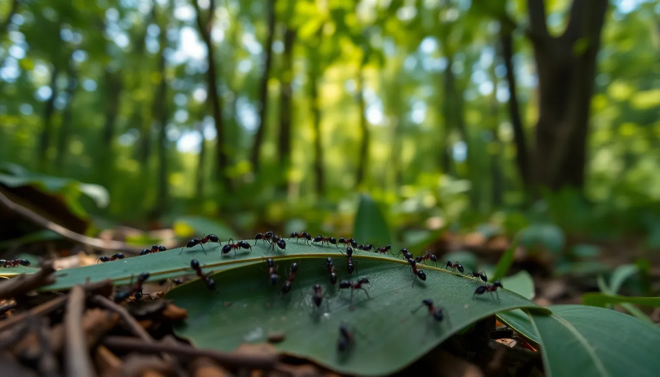 Ant Colony in Forest A dynamic image of an ant colony intensely active around a fallen leaf in the heart of a lush green forest. Dappled sunlight filters through the dense canopy above, creating striking contrasts of light and shadow on the forest floor. The selective focus brings the ants into sharp detail, showcasing their intricate physical features as they work together in harmony. This vibrant scene highlights the bustling life within a forest ecosystem, evoking a sense of curiosity and wonder.