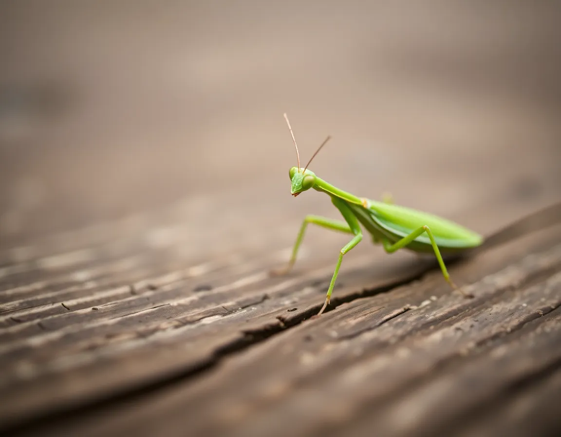 This mesmerizing close-up captures a bright green praying mantis resting on a rustic wooden surface under diffused overcast light. The soft light highlights the mantis's intricate textures and patterns, creating a sense of depth and detail. The natural muted tones of the wood complement the vibrant green of the mantis, forming a harmonious connection with nature. Positioned strategically within the frame, the mantis draws viewers in, inviting them to explore this enchanting moment.