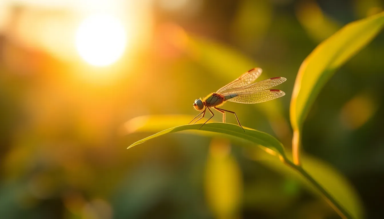 A stunning close-up of a green dragonfly, beautifully illuminated by warm golden hour light. The delicate wings are detailed, reflecting the soft sunlight, while a blurred green background emphasizes its vibrant colors. This shot captures the serene and magical essence of nature, perfect for nature enthusiasts and photographers alike. The dragonfly's intricate textures and warm colors evoke a sense of tranquility and appreciation for wildlife.
