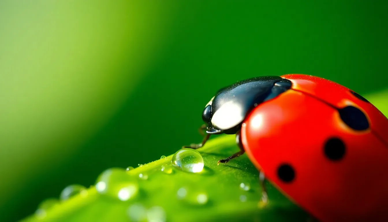 This stunning macro photograph features a vibrant ladybug perched delicately on a leaf, adorned with sparkling dewdrops. The soft morning light accentuates the vivid colors of the ladybug, creating a striking contrast with the lush green foliage. The shallow depth of field beautifully isolates the subject, emphasizing its details against a dreamlike background. This captivating image celebrates the beauty of nature and the intricate life it supports.