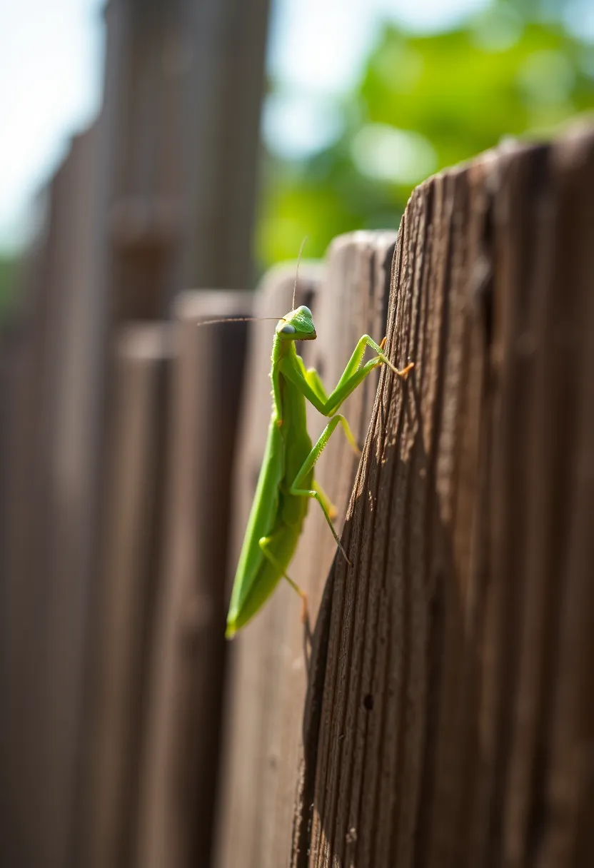 A close-up shot captures a vibrant green praying mantis perched gracefully on a rustic wooden fence, bathed in soft, natural daylight. The intricate details of the mantis' exoskeleton are accentuated by a hyperfocal depth of field that keeps the entire scene in sharp focus. With leading lines guiding the viewer's eye along the wooden fence, this image beautifully illustrates the connection between the creature and its environment.