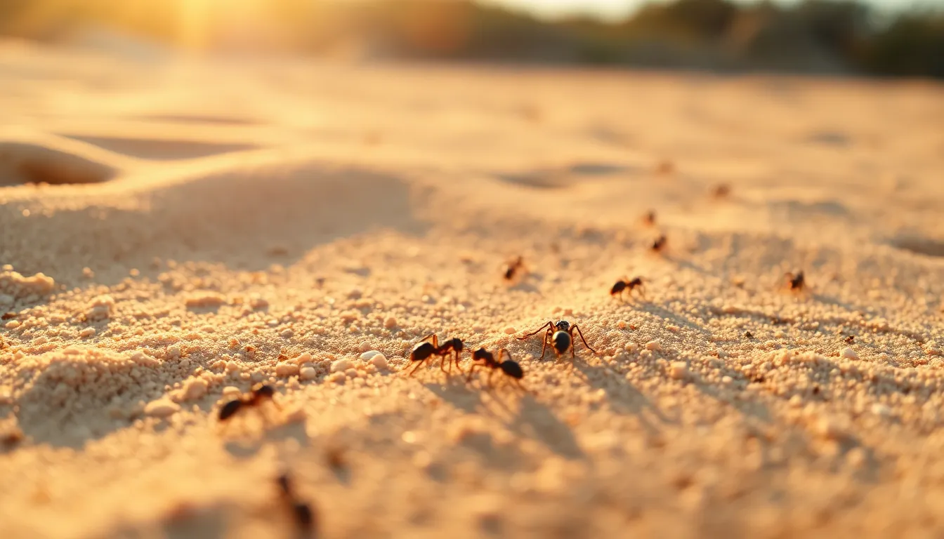 An engaging photograph depicting an active trail of ants on a sunlit sandy surface, highlighting their industrious nature. The golden afternoon light accentuates the texture of the sand and the contrasting dark bodies of the ants, creating a vivid and dynamic visual. The meticulously captured details of the ants' movement convey a sense of energy and urgency, making it a captivating image for educational and wildlife enthusiasts alike.