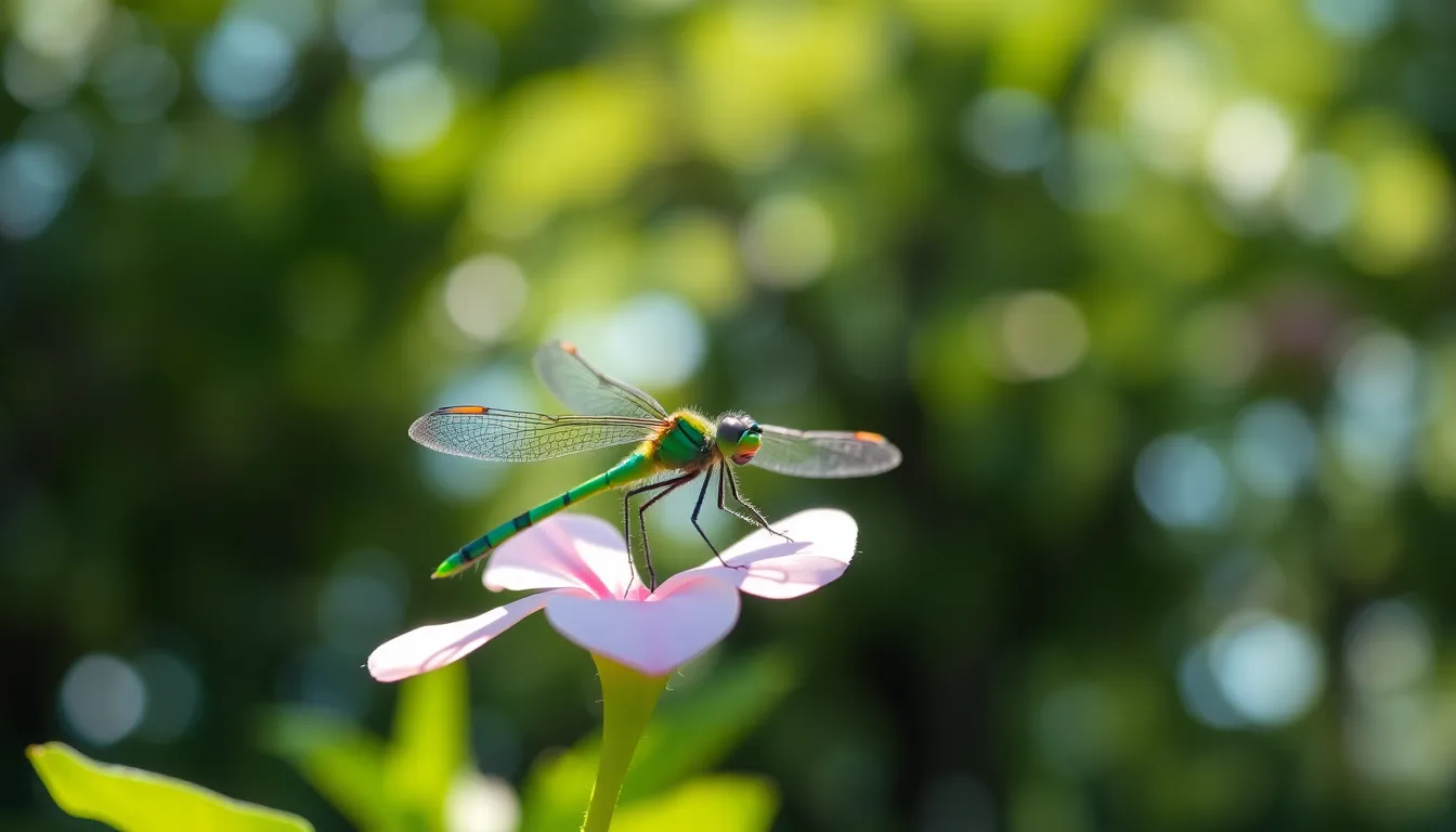 In a serene forest setting, a vibrant green dragonfly gracefully rests on a delicate flower petal, its wings shimmering in the dappled sunlight. The soft focus of the background enhances the ethereal mood, while the rich greens and hints of blue create a striking color contrast. The image captures the intricate details of the dragonfly's wings and the soft texture of the petals, drawing viewers into the tranquil beauty of nature.