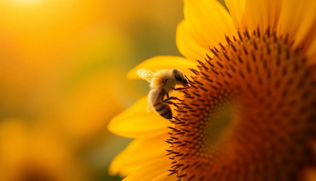 Honeybee on Sunflower at Sunset