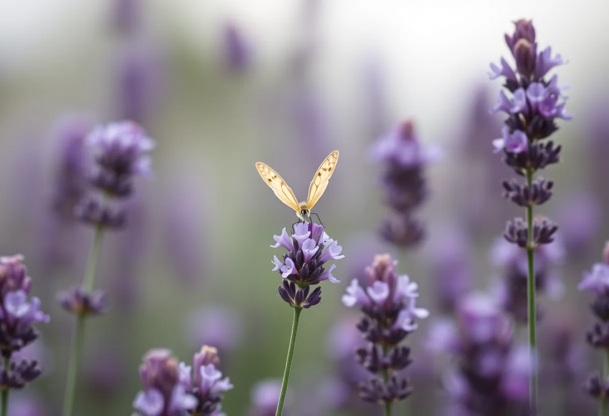 Butterfly on Lavender Flower A breathtaking image capturing a butterfly gracefully landing on a blooming cluster of lavender flowers. The soft, diffused light from an overcast sky enhances the delicate purples of the lavender while the butterfly's vibrant colors pop against this serene background. With a hyperfocal depth of field, both the lavender and butterfly are in crisp detail, inviting viewers to appreciate the harmony of nature. This tranquil scene conveys a sense of peace and beauty found in the smallest moments.