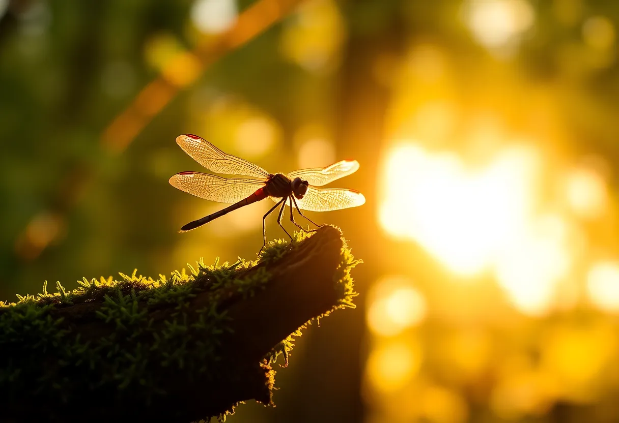 This enchanting image captures a dragonfly gracefully perched on a moss-covered branch in a tranquil forest setting. The warm golden hour light beautifully illuminates the dragonfly’s wings, creating a magical glow that adds depth to the scene. The soft foliage in the background contrasts with the detailed textures of the dragonfly and the moss. This image embodies the serene beauty of nature, inviting the viewer to appreciate the delicate intricacies of woodland life.