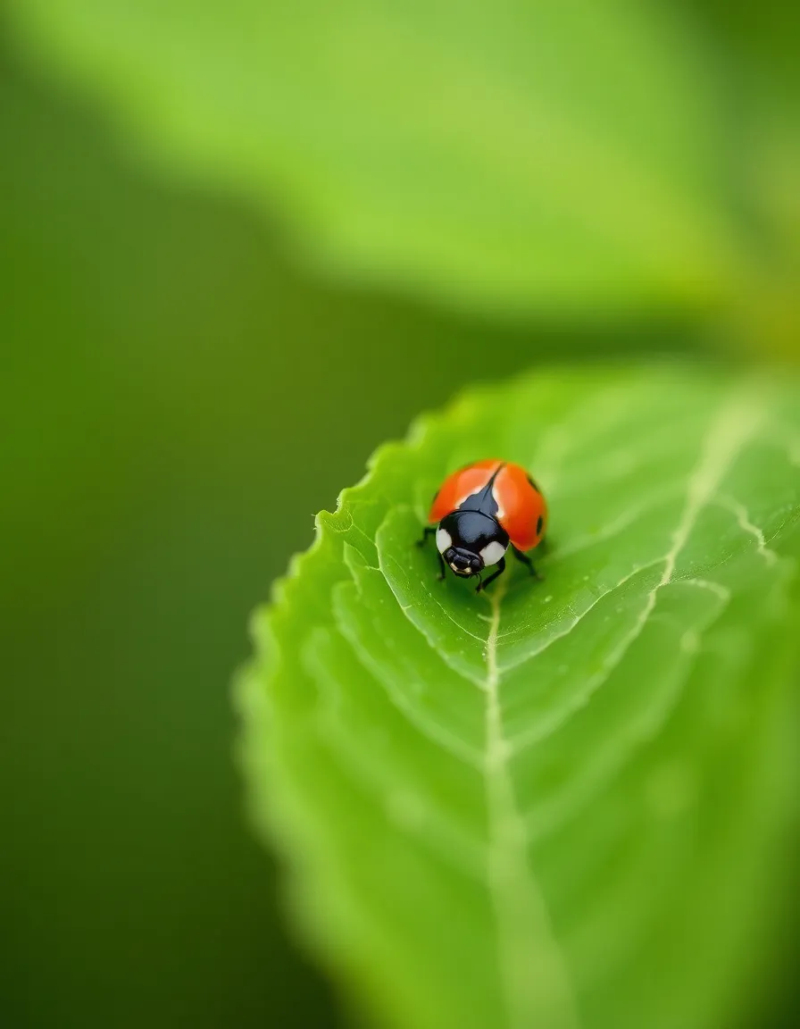In a serene garden, a ladybug rests on a vibrant green leaf, captured under soft, overcast daylight. The shallow depth of field beautifully isolates the insect, highlighting its striking red and black patterns against the lush backdrop. This natural and muted color palette creates an organic feel, inviting viewers to appreciate the subtleties of nature's small wonders.