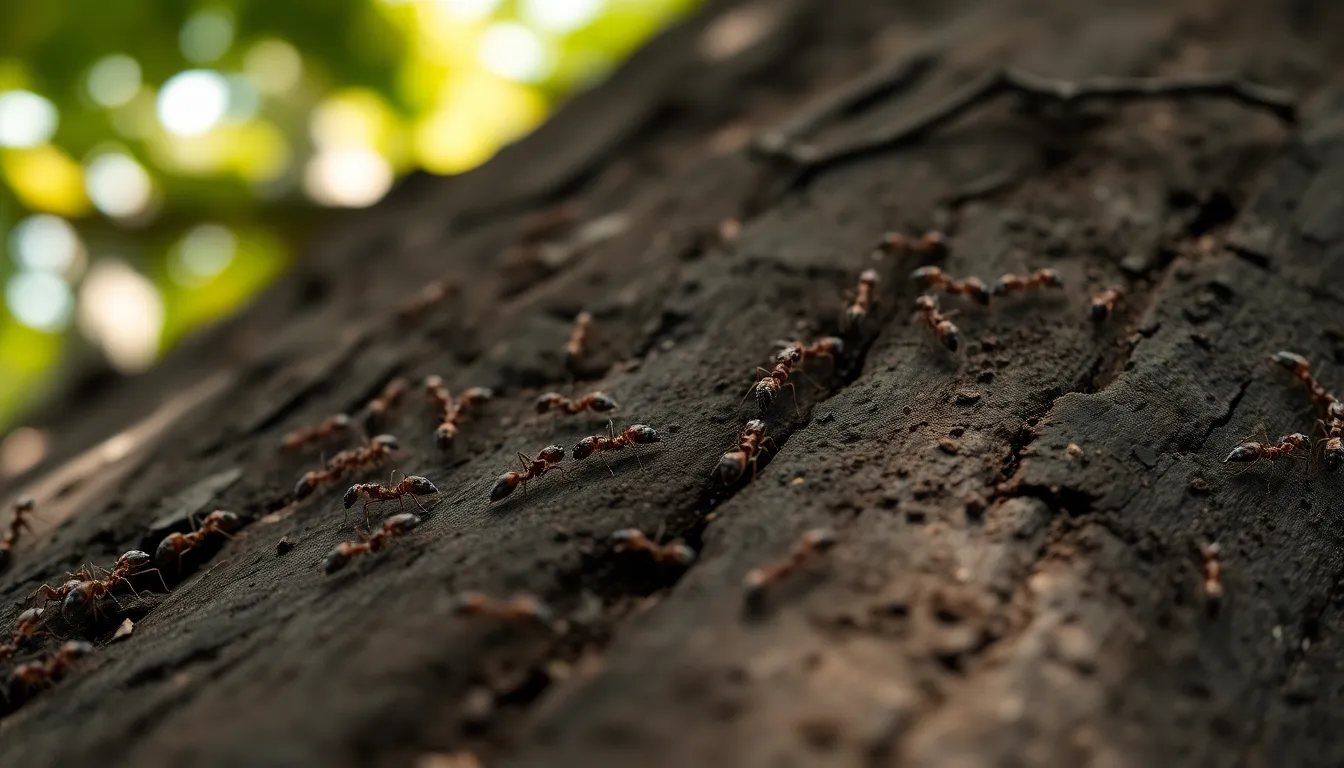 This close-up photograph vividly depicts a bustling colony of ants navigating along the textured surface of tree bark. The gentle, diffused daylight enhances the intricate details of the ants, showcasing their unique features as they work together. The earthy color palette complements the natural setting, while the leading lines of the bark guide the viewer's eye, creating an engaging and immersive experience in the world of these tiny yet fascinating creatures.