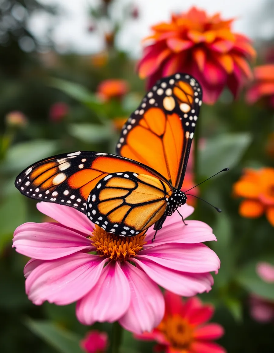 This exquisite close-up captures a monarch butterfly perched on a colorful flower in a lush garden. The overcast light beautifully softens the colors, highlighting the intricate details of the butterfly’s wings and the delicate petals. The hyperfocal depth keeps every element in sharp focus, inviting the viewer to explore the richness of the scene. The image conveys a sense of tranquility and the peaceful coexistence of nature, perfect for showcasing the beauty of pollinators.
