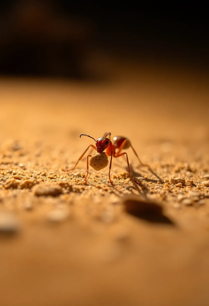 Ant Carrying Crumb Across Sandy Surface A captivating close-up photograph depicts an ant laboriously carrying a crumb across a sandy surface. The warm tungsten lighting beautifully highlights the ant's detailed features and movements. A shallow depth of field enhances the focus on the ant, while the blurred sandy background adds depth. This image effectively demonstrates the industrious nature of ants, making it perfect for educational and nature-themed projects.