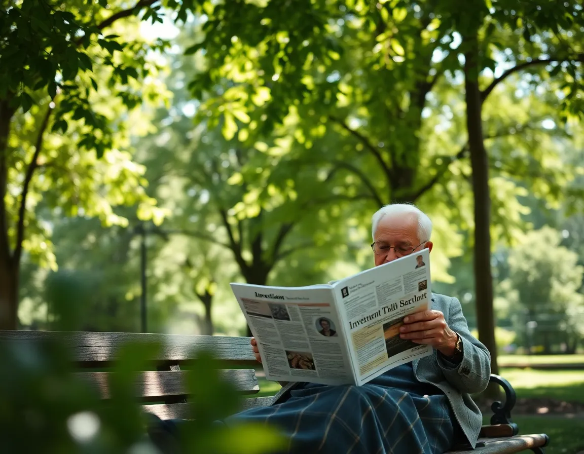 Older Gentleman Reading Investment Magazine Outdoors