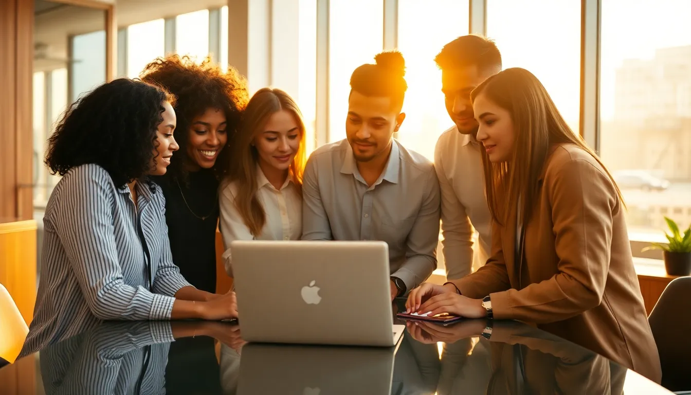 Young Professionals Discussing Investment Strategies In a modern office setting drenched in golden hour light, a diverse group of young professionals collaboratively discusses investment strategies around a laptop. The warm highlights create an inviting atmosphere, while the glass table reflects their engaged expressions. Shot with a shallow depth of field, the image captures both the excitement and focus of the group, emphasizing the importance of collaboration in finance. The warm wood tones and soft bokeh enhance the professional yet friendly mood of the scene.