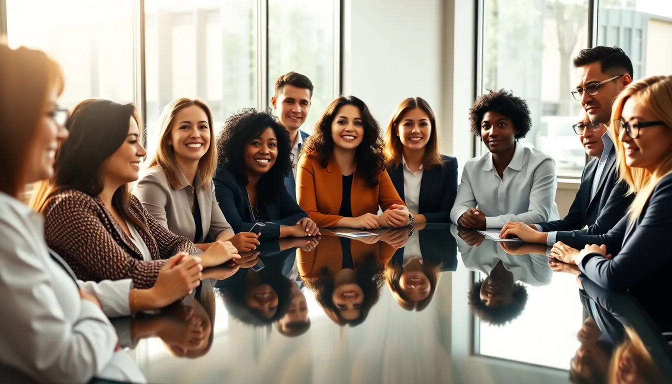 Diverse Professionals Collaborating in Modern Office A vibrant scene depicting a diverse group of professionals deeply engaged in a discussion around a contemporary glass conference table. The warm sunlight filters through expansive office windows, illuminating their focused expressions and the polished textures of their surroundings. This high-energy atmosphere reflects a collaborative spirit, with a color palette that balances warm tones against cooler office décor. The composition draws the viewer's eye to the central interaction, highlighting the dynamic exchange of ideas.
