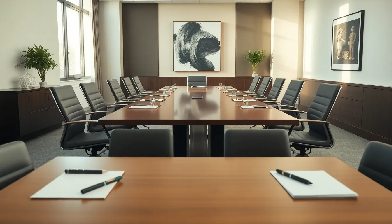 Modern Conference Room for Business Meetings This image presents a modern conference room, designed for productive business meetings. The natural light filtering through windows creates a warm and inviting atmosphere, emphasizing the sleek design of the table and chairs. The earthy color tones contribute to a calming environment suitable for investment discussions. The symmetrical composition enhances the professionalism of the space, while every detail, from the notepads to the wall artwork, is captured with stunning clarity.