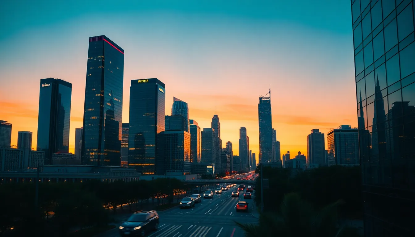 City Skyline at Twilight with Vibrant Lights This breathtaking image depicts a city skyline at twilight, with skyscrapers glowing against a backdrop of a colorful sunset. The rich teal and orange tones create a dramatic contrast, evoking a sense of excitement and opportunity. The use of leading lines in the streets draws the viewer's eye toward the horizon, emphasizing the allure of urban investment. The clarity of the entire frame, achieved with hyperfocal distance, captures the textured reflections of glass buildings, adding depth to the scene.