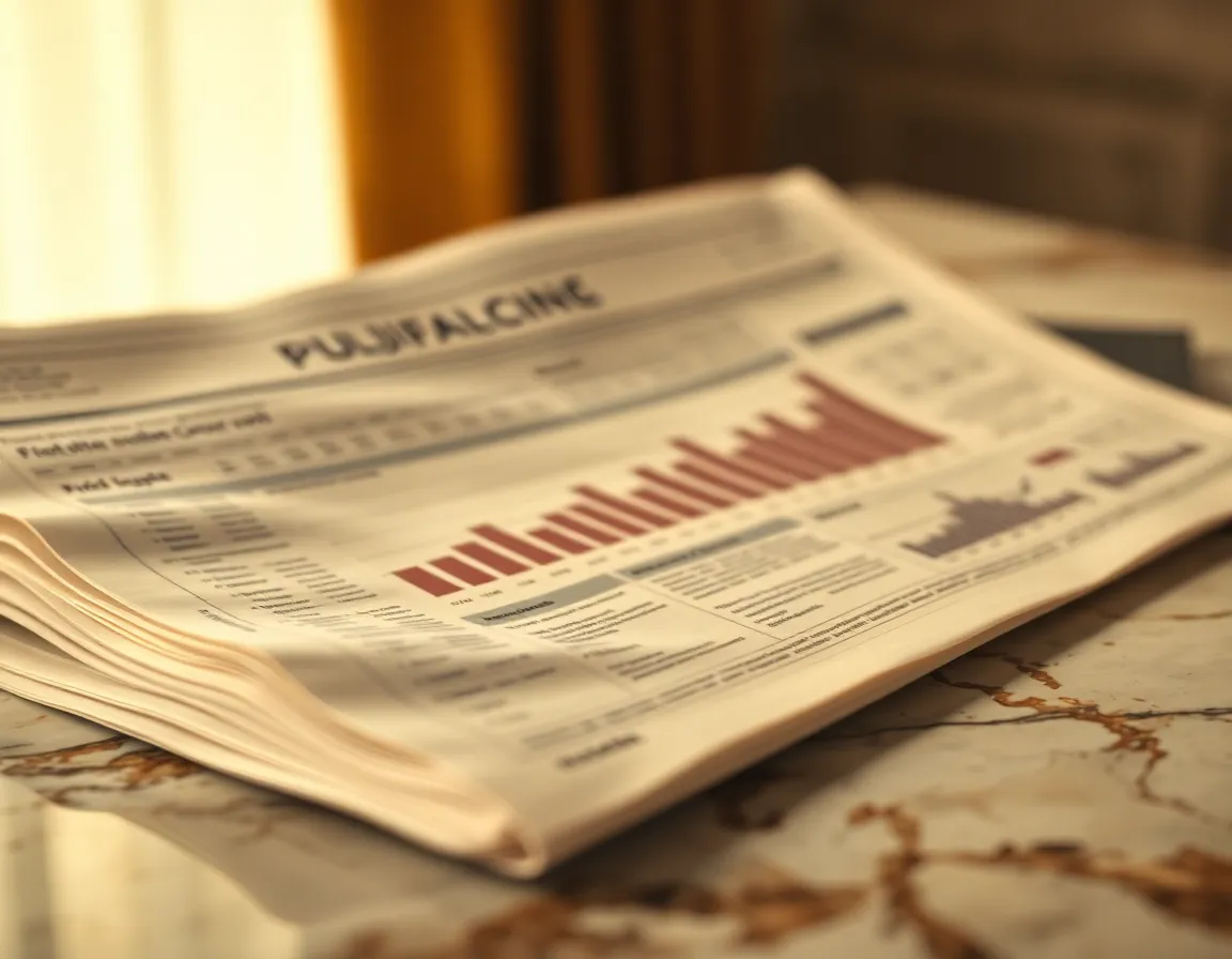 Detailed Financial Newspaper on Marble A macro shot features a financial newspaper displaying intricate graphs and charts laid out on a smooth marble surface, emphasizing the sophistication of investment analysis. Warm, diffused lighting enhances the details of the paper and marble texture, while a shallow depth of field isolates a specific bar graph, inviting viewers to explore the data presented. With desaturated earth tones, the image evokes a sense of seriousness and professionalism in finance, appealing to both investors and analysts alike.