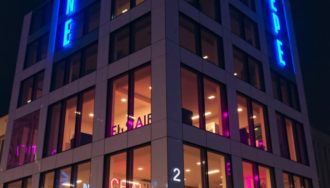 Modern Office Building with Neon Reflections