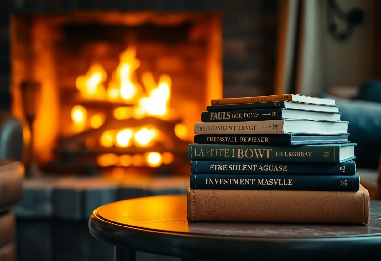 Stack of Investment Books by Firelight