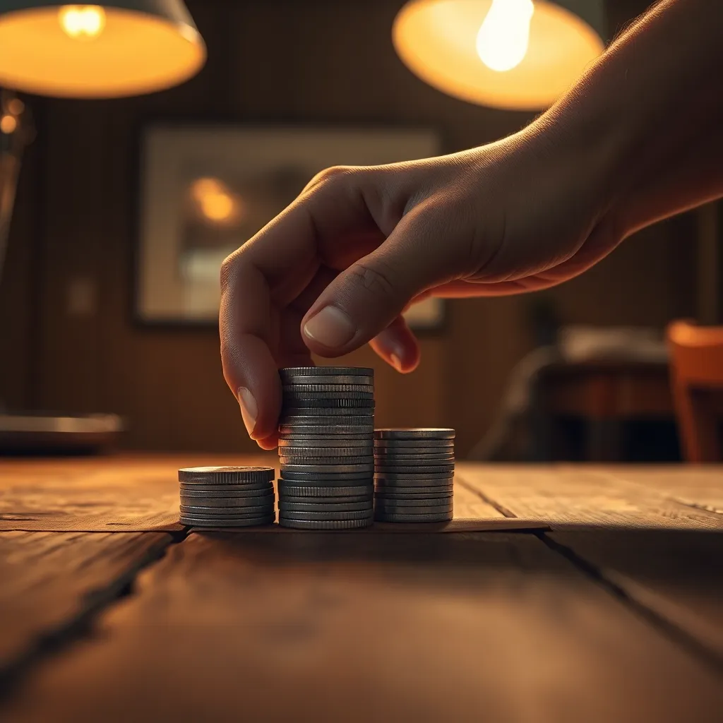 Hands Stacking Coins for Investment A close-up image captures the delicate action of a hand stacking coins on a rustic wooden table, evoking a sense of traditional investment practices. Warm light from tungsten desk lamps creates a cozy, focused atmosphere, illuminating the coins' metallic sheen. The shallow depth of field isolates this intimate moment, inviting viewers to connect with the tactile nature of financial transactions. Using a natural muted color palette, this scene reflects the serene yet purposeful essence of investing.