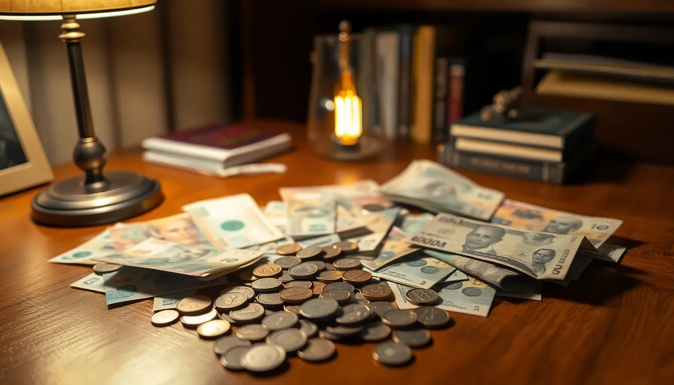 Array of International Currencies on Wooden Desk