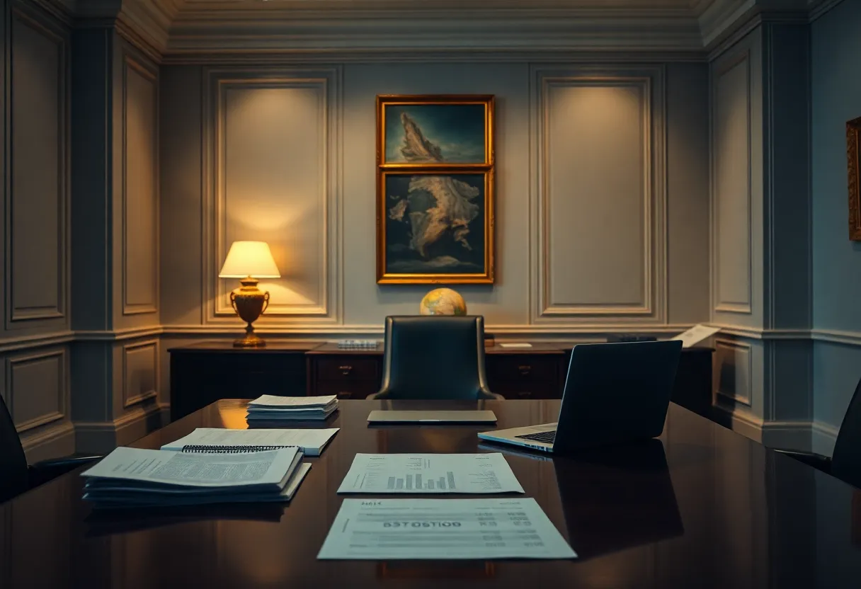 Elegant Office Desk with Financial Reports and Globe A beautifully shot image of an elegantly arranged office desk, featuring financial reports, a sleek laptop, and a vintage globe. The dramatic low-angle lighting creates a powerful ambiance, casting intriguing shadows that enhance the depth of the scene. Rich, saturated colors add vitality to the wood tones and the globe, making the workspace inviting and professional. The composition focuses centrally on the desk, capturing the essence of a thoughtful and sophisticated investment environment.