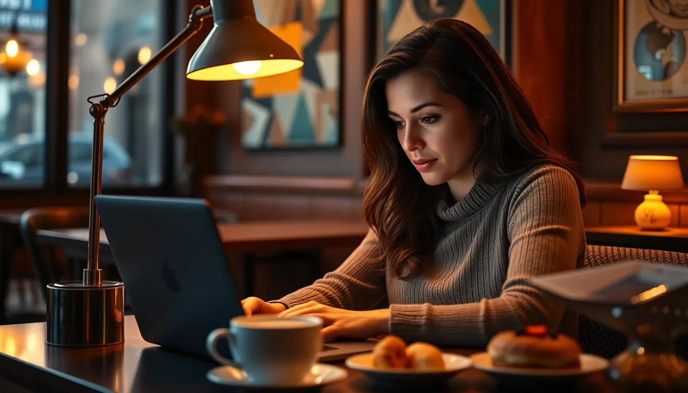 Woman Analyzing Financial Data in Coffee Shop