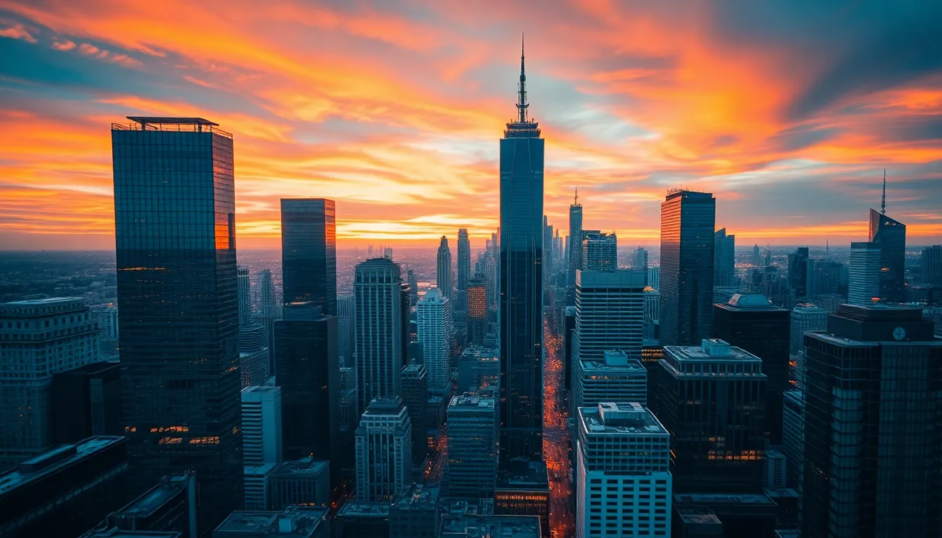 Aerial City Skyline at Sunset An aerial view of a bustling city skyline at sunset showcases towering skyscrapers reflecting a stunning array of deep blue and fiery orange hues. Captured with a telephoto lens, the image employs hyperfocal distance for sharp clarity from front to back. The cinematic teal and orange color grading enhances the vibrancy, creating a dynamic atmosphere. Leading lines formed by the architecture guide the viewer's eye, emphasizing the interconnectedness of urban investment and economic growth.