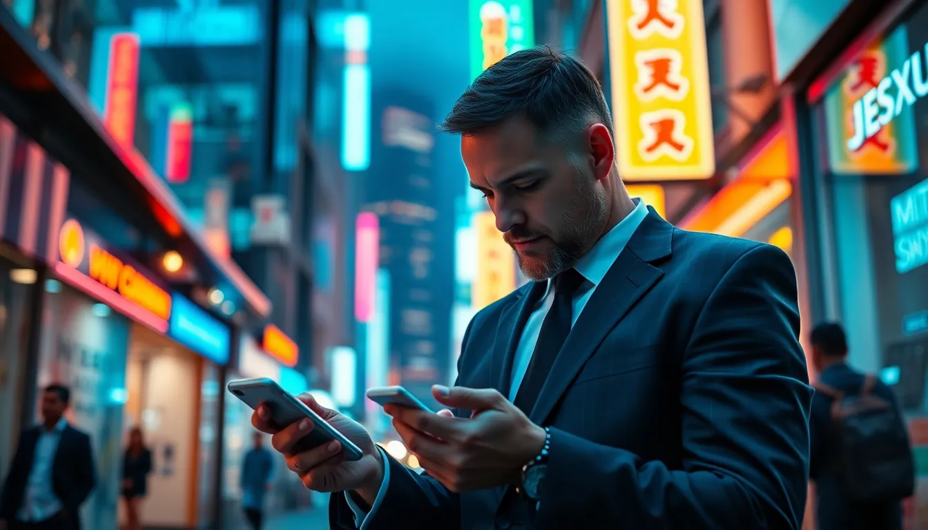 Businessman Checking Stocks in Neon-lit City A striking night scene features a businessman elegantly dressed in a tailored suit, engrossed in checking stock prices on his smartphone amidst the neon-lit hustle and bustle of a city street. The vivid colors of the neon signs play against the night sky, creating a dynamic environment that reflects the modern investment landscape. With a soft focus on the background, the composition emphasizes the subject's thoughtful expression, showcasing the intersection of finance and urban life.