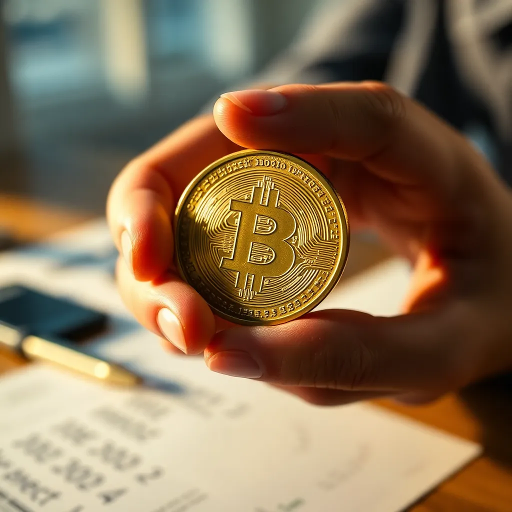 Golden Coin Symbolizing Investment Opportunity This close-up image features a hand holding a gold coin, representing investment and wealth. The warm tungsten lighting enhances the coin's shine, creating a rich atmosphere. The shallow depth of field blurs the financial documents in the background, emphasizing the significance of the coin in the foreground. Captured in stunning detail, the texture of the gold and the natural skin tones make it an inviting representation of financial opportunity.