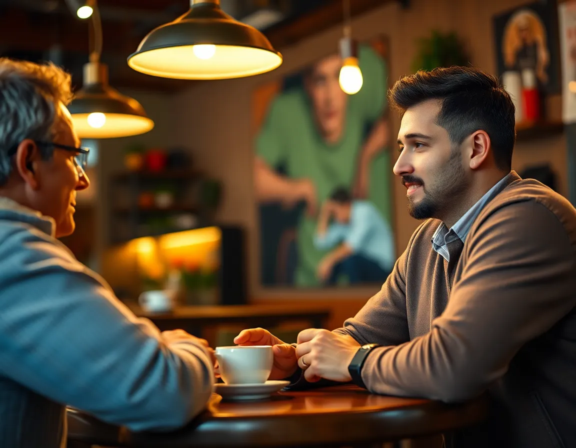 Entrepreneur Discussing Investment in Coffee Shop This inviting image captures a young entrepreneur animatedly discussing investment strategies with a mentor in a cozy coffee shop. The warm lighting from pendant lamps enhances the intimate setting, while the shallow depth of field beautifully highlights the engaging expressions of the subjects. The cozy decor, blended with rich browns and muted greens, evokes a sense of comfort and inspiration. This composition effectively places the subjects to draw the viewer's eye, making it a relatable scene for anyone in the finance world.