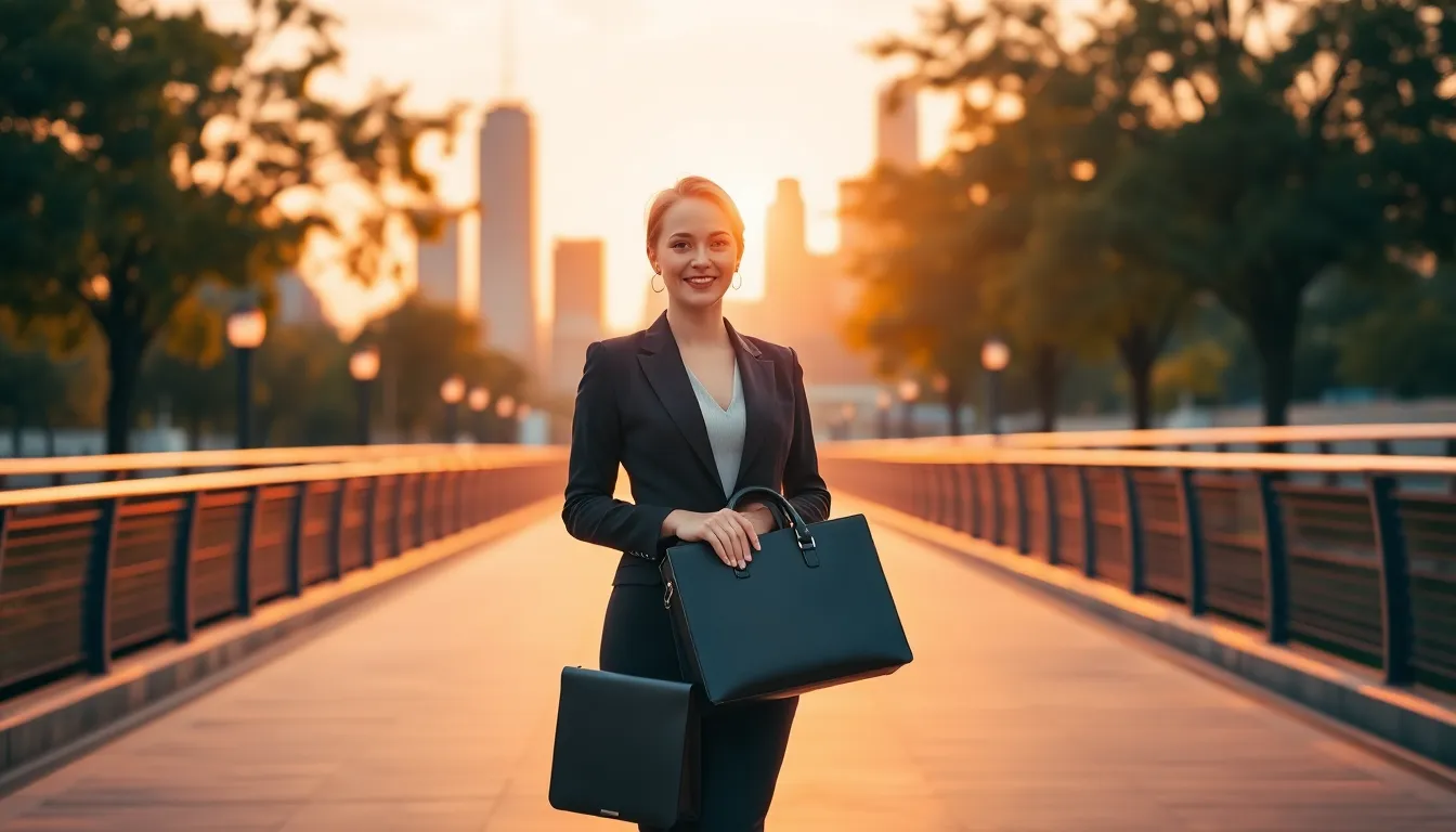 Confident Businesswoman in City at Sunset
