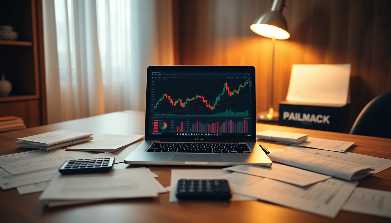 Focused Financial Workspace with Trading Platform A minimalistic office setup showcases a laptop displaying a stock trading platform, surrounded by financial documents and a calculator. The warm light from a tungsten desk lamp creates an inviting atmosphere, focusing on the laptop, which is sharply detailed. The warm color palette and textures emphasize a serious yet cozy workspace for investment activities. This image encapsulates the essence of modern financial analysis, drawing the viewer into the intricacies of trading.