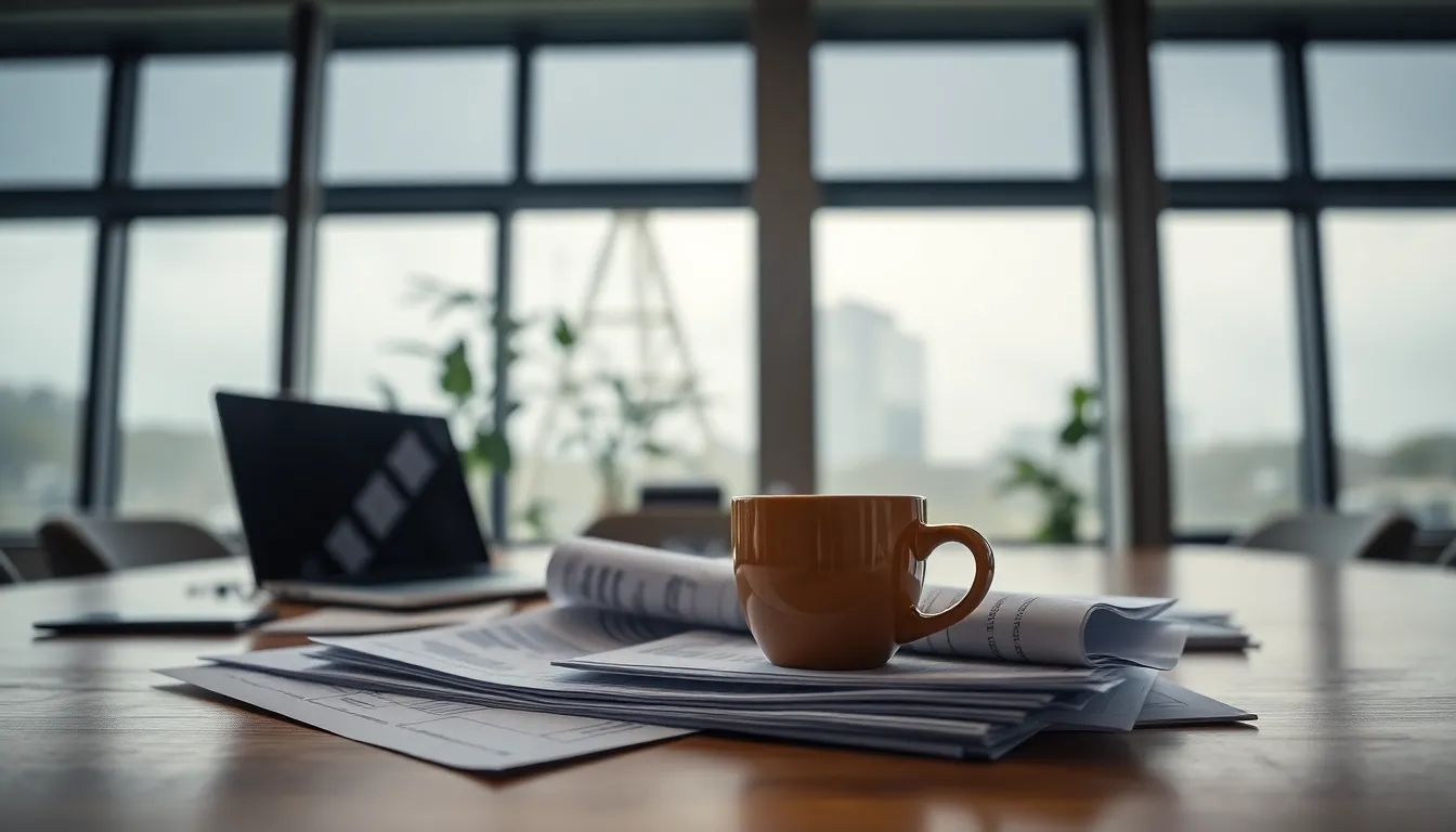 Focused Workspace for Financial Planning A serene workspace captures a moment of financial planning, featuring a neatly arranged desk with reports, a laptop, and a steaming cup of coffee. Overcast daylight filters through large windows, softening the atmosphere and highlighting the textures of the documents. The shallow depth of field creates a soothing bokeh effect, allowing the viewer to focus on the essentials of investment strategy. This image exudes professionalism, inviting viewers to contemplate thoughtful financial decisions in a calm environment.