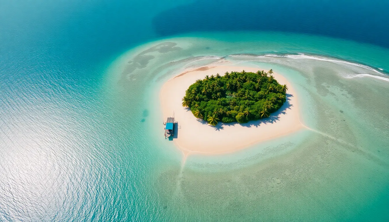 This stunning aerial shot captures a tropical island surrounded by pristine turquoise waters and soft, white sandy beaches. The bright midday sun accentuates the vivid colors of the landscape, creating a vibrant, inviting atmosphere. The lush greenery contrasts beautifully with the sandy shores, while the waves form natural lines that draw the viewer's gaze across the image. Ideal for travel promotions, this photo embodies the essence of tropical vacations.