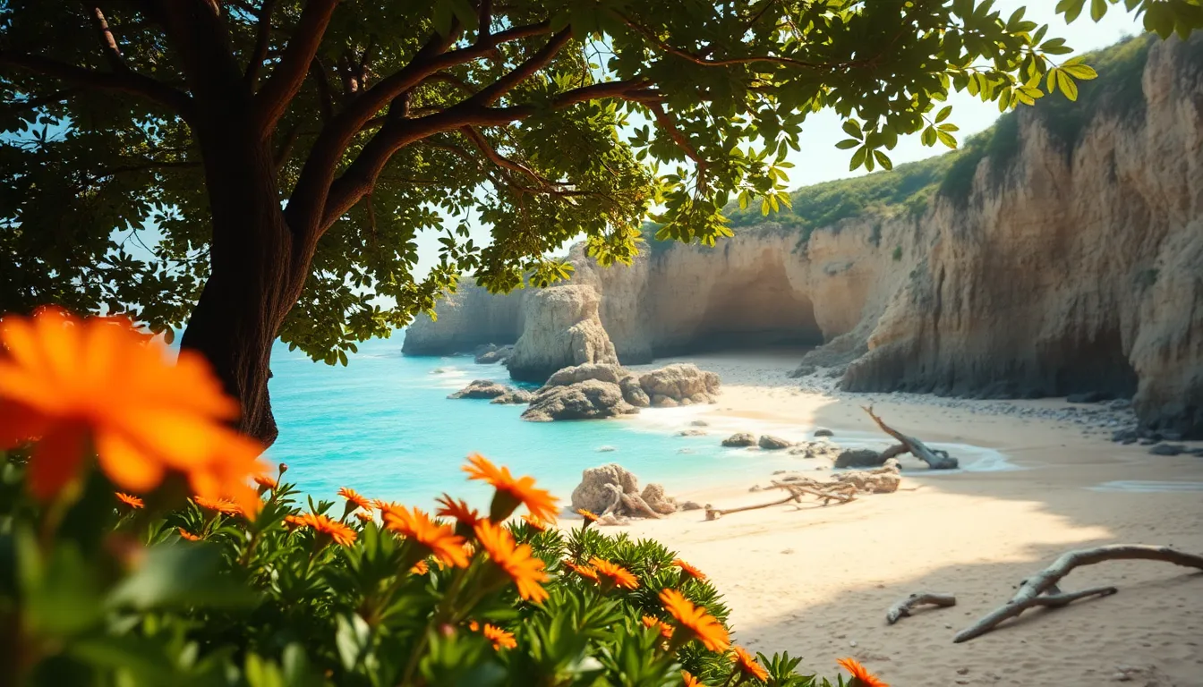 This dynamic image showcases a rocky beach cove framed by majestic cliffs under dappled sunlight. The composition utilizes leading lines to guide the viewer’s gaze toward the crystalline waters, while the vibrant coral and golden sands highlight the beauty of the coastline. The foreground flowers add depth and color contrast, completing this picturesque island escape. The overall atmosphere promises adventure and exploration.