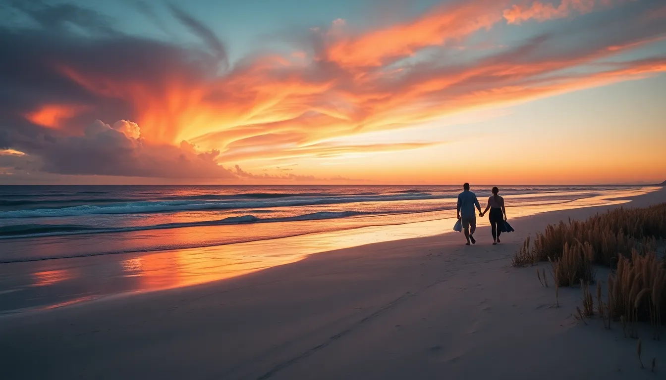 This romantic beach scene captures a couple walking hand-in-hand during a stunning sunset filled with vibrant orange and purple hues. The dramatic cloud formations add depth while the soft shadows created by the butterfly lighting enhance the textures of the sand and sea oats. With a rule of thirds composition, the couple is perfectly positioned, making this image ideal for portraying love and tranquility in travel contexts.