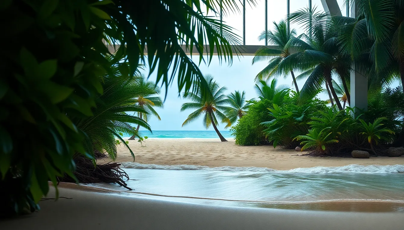This captivating image showcases a vibrant beach framed by lush tropical foliage, with gentle waves caressing the sandy shore. The overcast daylight creates a soft, even illumination, enhancing the rich greens of the leaves and the deep blues of the sea. Employing a hyperfocal depth of field, both the foreground and background remain crystal clear, allowing viewers to immerse themselves in the tropical atmosphere. The composition adheres to the rule of thirds, guiding the eye effortlessly into the picturesque scene.
