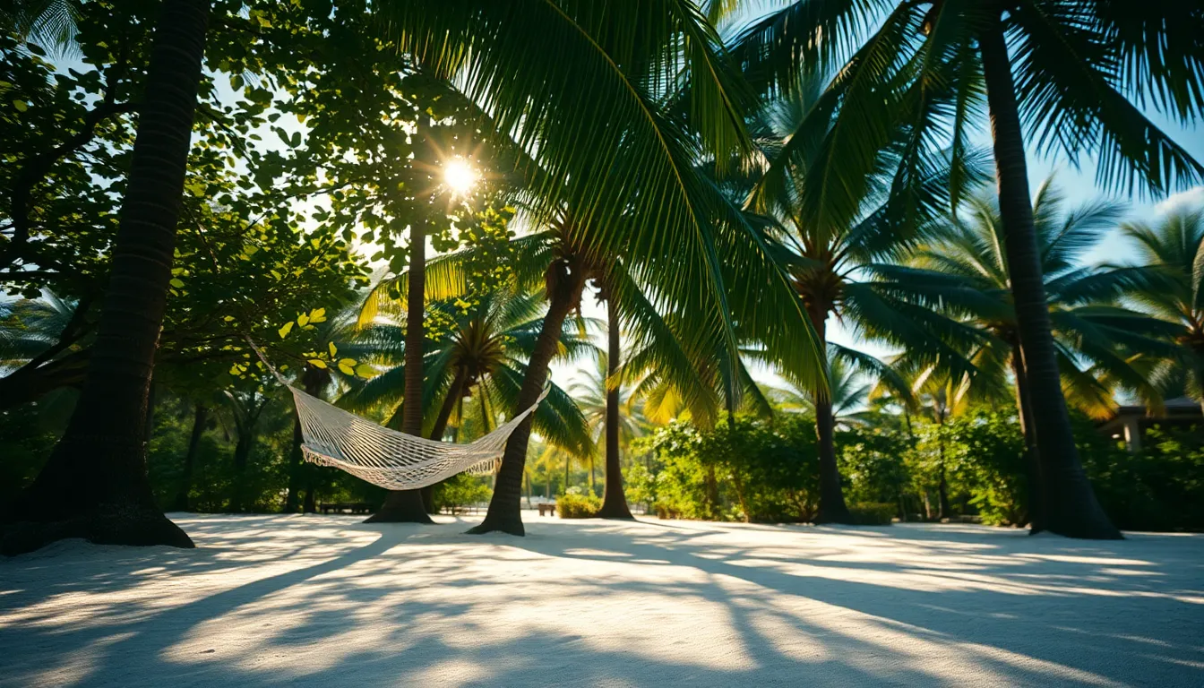 This captivating image showcases a lone hammock strung between palm trees on a pristine white sand beach. The warm sunlight filters through the lush canopy, creating a peaceful and inviting atmosphere. With creamy bokeh and vibrant colors, this scene conveys a sense of relaxation and tranquility. The composition draws the viewer's eye toward the hammock, enhancing the escapist feel of a tropical getaway.