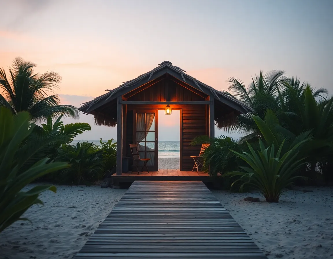 Set against a soft twilight sky, this image highlights a cozy beachside hut surrounded by lush foliage. Warm light spills from a nearby lamp, creating an inviting glow. The leading lines of the wooden pathways guide the viewer's eye toward the hut, enhancing the sense of welcome and comfort. This tranquil scene evokes the peace of island life at dusk, perfect for those seeking escape to serene settings.