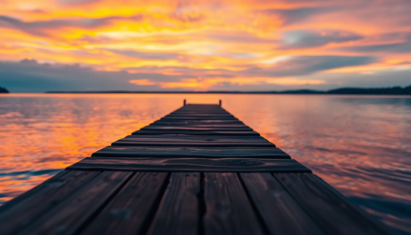 An alluring sunset scene captured on a tranquil island dock. The fiery colors of the sky reflect beautifully on the still water, creating a captivating atmosphere. The weathered texture of the wooden dock adds character, while leading lines guide the viewer's eye towards the horizon. This image embodies the serenity and beauty found in moments of nature, perfect for travel inspiration.