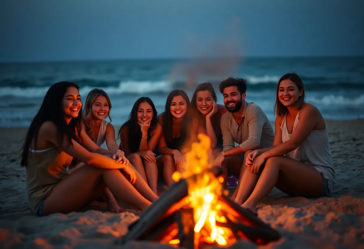 Friends Gathering Around Beach Bonfire